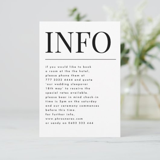 Classic Elegant Bold Big INFO Wedding Details Begleitkarte (Stehend Vorderseite)