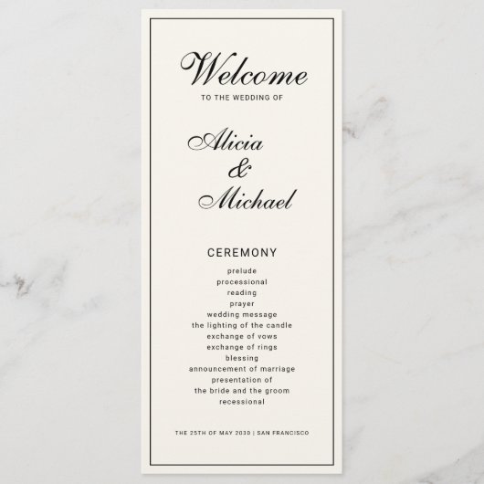 Classic elegant calligraphy black ivory wedding programm (Vorderseite)