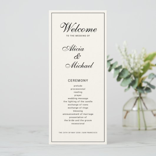 Classic elegant calligraphy black ivory wedding programm (Stehend Vorderseite)