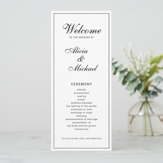 Classic elegant calligraphy black white wedding programm (Stehend Vorderseite)