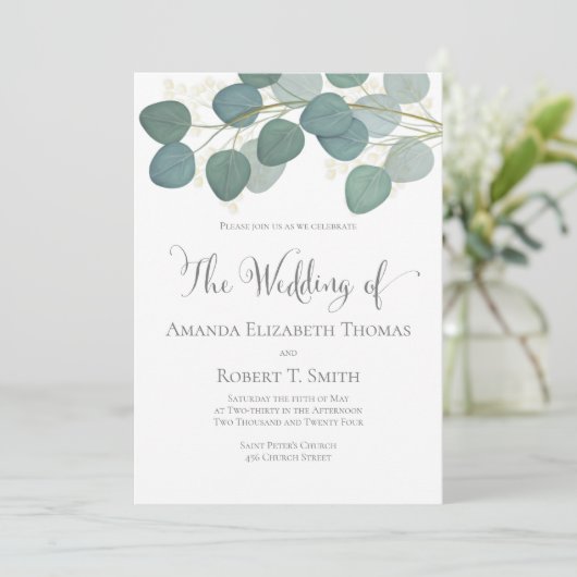 Classic Elegant Calligraphy Eukalyptus Greenery Einladung (Stehend Vorderseite)