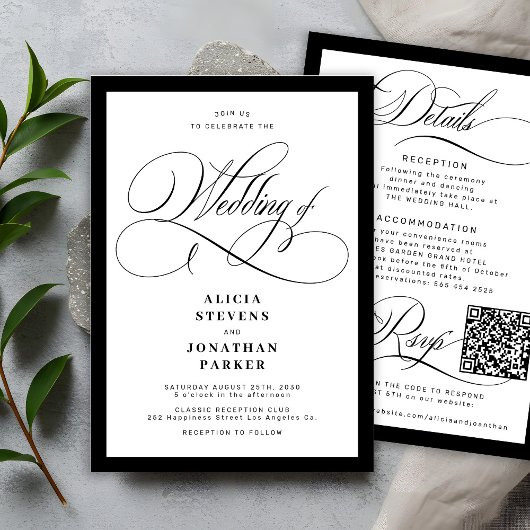 Classic elegant calligraphy QR code wedding Einladung