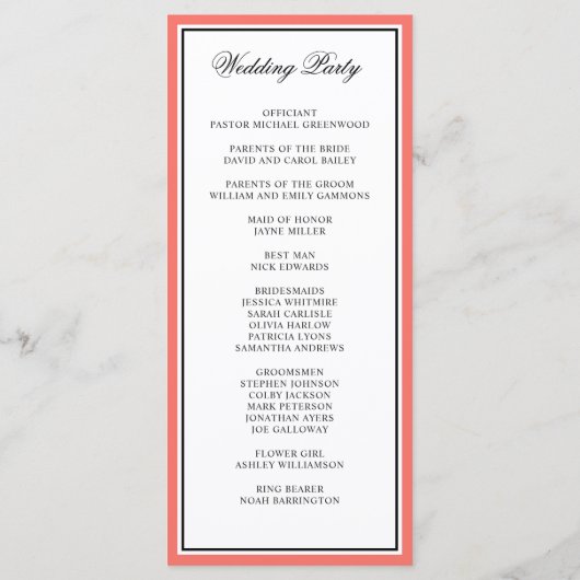 Classic Elegant Calligraphy Script Wedding Coral Programm (Rückseite)