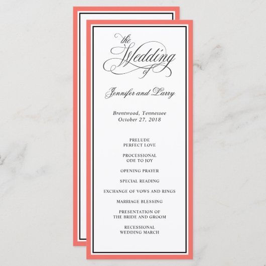 Classic Elegant Calligraphy Script Wedding Coral Programm (Vorne/Hinten)