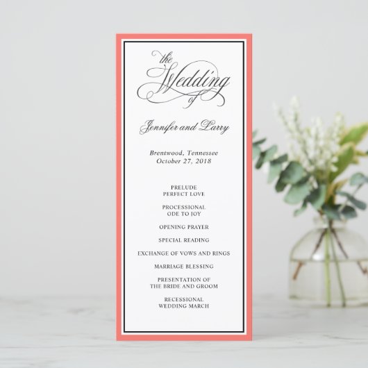 Classic Elegant Calligraphy Script Wedding Coral Programm (Stehend Vorderseite)