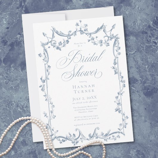 Classic Elegant Dusty Blue Delicate Floral Shower Einladung