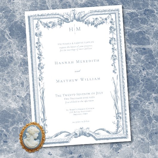 Classic Elegant Dusty Blue Floral Frame Wedding Einladung
