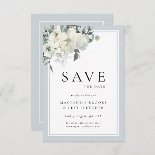 Classic Elegant Dusty Blue Floral Save The Date (Vorne/Hinten)