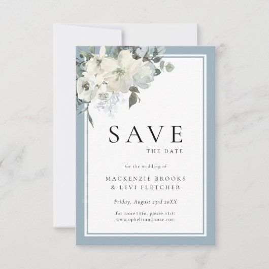Classic Elegant Dusty Blue Floral Save The Date (Vorderseite)