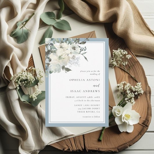 Classic Elegant Dusty Blue Ivory Floral Wedding Einladung