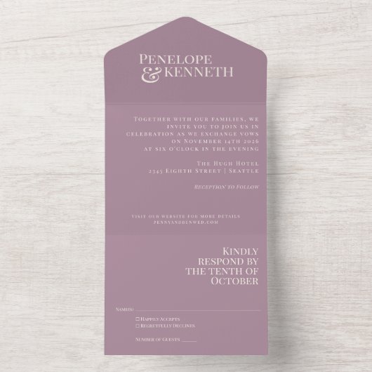 Classic Elegant Dusty Lila Typografy Wedding All In One Einladung (Innen Boden)