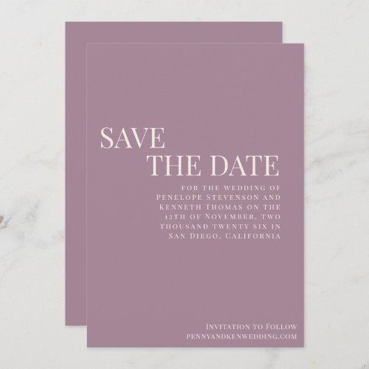 Classic Elegant Dusty Lila Typografy Wedding Save The Date (Vorne/Hinten)