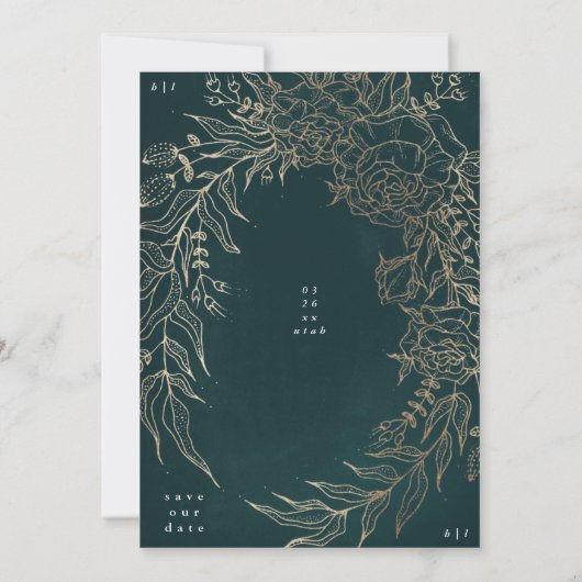 Classic Elegant Emerald Green Gold Elegante Wreath Save The Date (Rückseite)