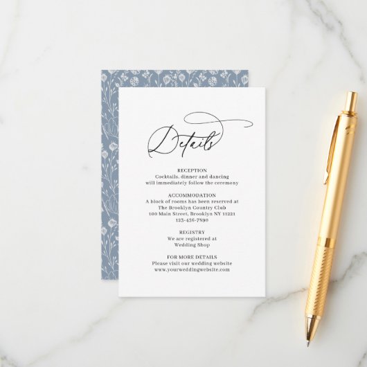 Classic Elegant Floral Dusty Blue Wedding Begleitkarte (Vorderseite/Rückseite Beispiel)