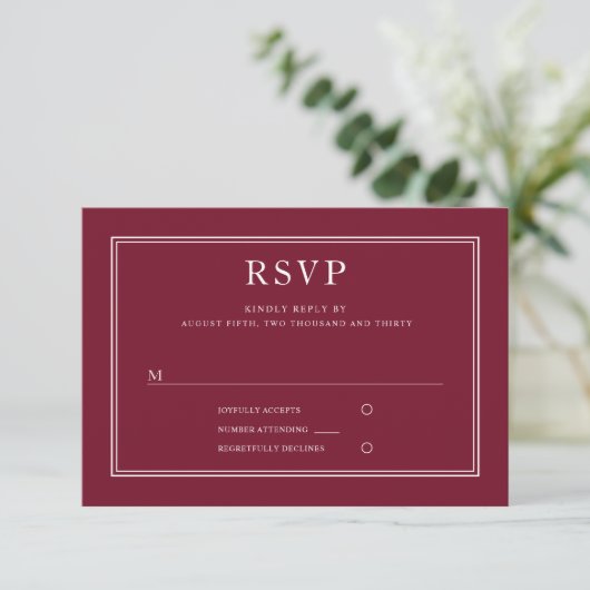 Classic Elegant Formal Burgundy Red Wedding RSVP (Stehend Vorderseite)
