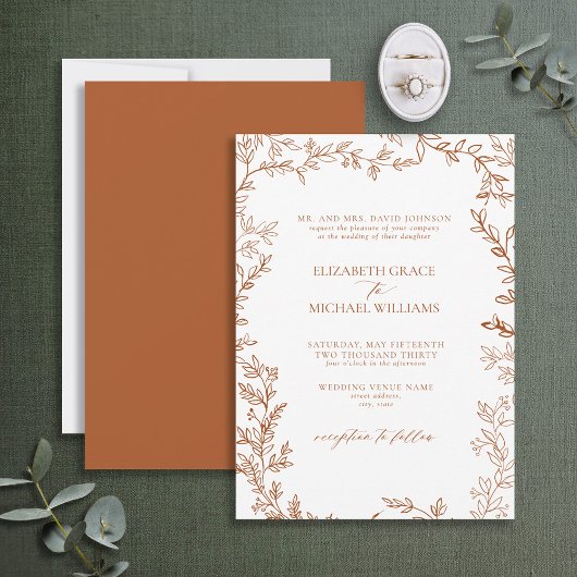 Classic Elegant Formal Burnt Orange Leafy Wedding Einladung