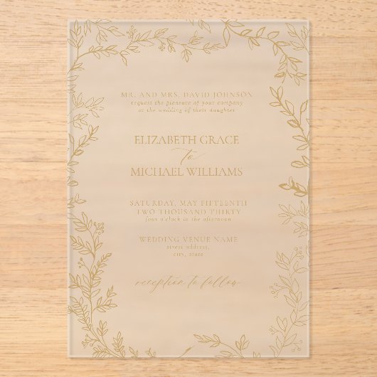 Classic Elegant Formal Gold Leafy Hochzeit Acryleinladungen (Vorderseite)