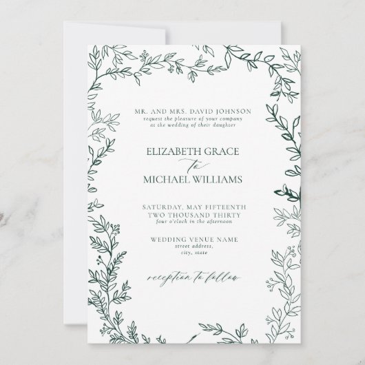 Classic Elegant Formal Green Leafy Wedding Einladung (Vorderseite)