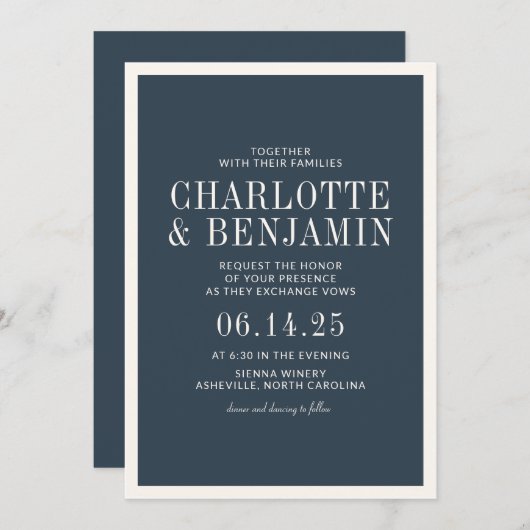 Classic Elegant formale Blue Border Frame Wedding Einladung (Vorne/Hinten)