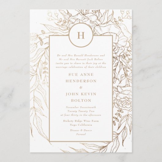 Classic Elegant Gold Monogram Wreath Wedding Einladung (Vorderseite)