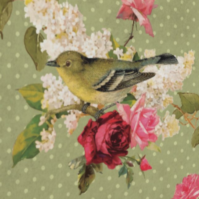 Classic Elegant Green Polka Dot Bird auf Florals Tapete (Naht)