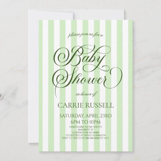 Classic Elegant Green Stripes Baby Shower Einladung (Vorderseite)
