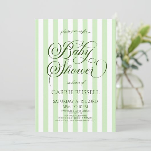 Classic Elegant Green Stripes Baby Shower Einladung (Stehend Vorderseite)