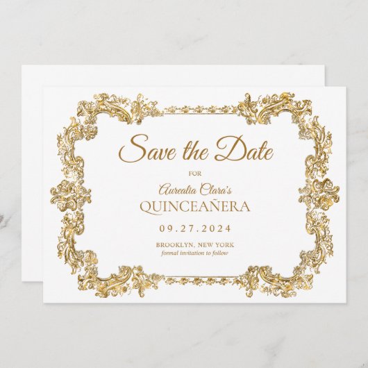 Classic Elegant Ivory White Gold Frame Quinceanera Ankündigung (Vorne/Hinten)