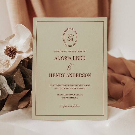 Classic Elegant Ivory & Wine Red Monogram Wedding Einladung