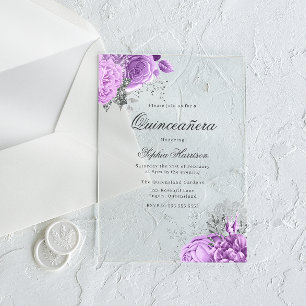 Classic Elegant Lavender Rose & Silver Quinceanera Acryleinladungen