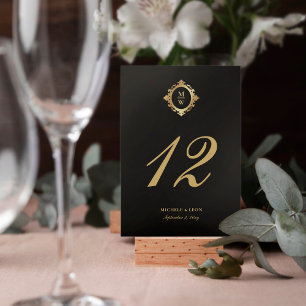 Classic Elegant Monogram Wedding Black Gold Tischnummer