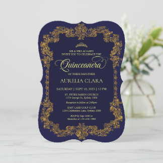 Classic Elegant Navy Blue Gold Tiara Quinceanera Einladung