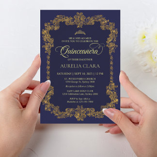 Classic Elegant Navy Blue Gold Tiara Quinceanera Einladung