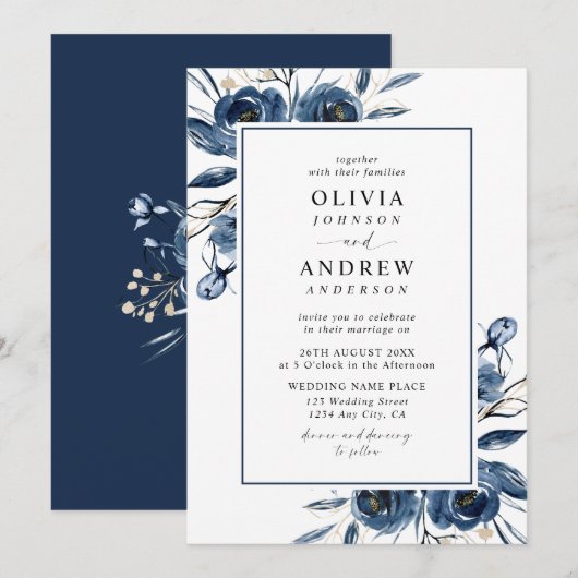 Classic Elegant Navy Blue Watercolor Wedding Einladung (Vorne/Hinten)