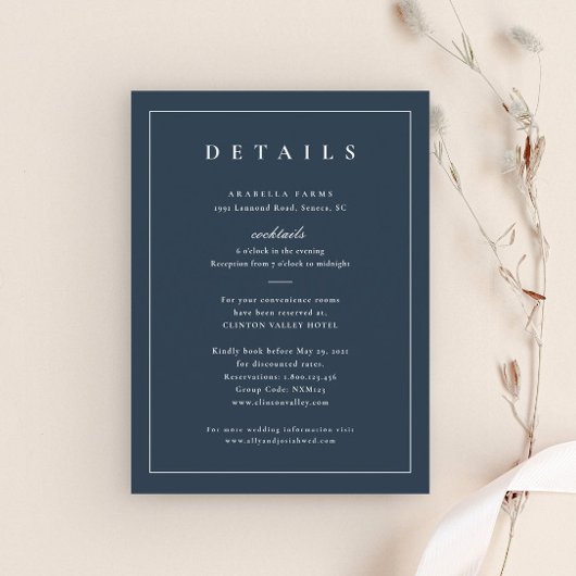 Classic Elegant Navy Blue Wedding Details Begleitkarte