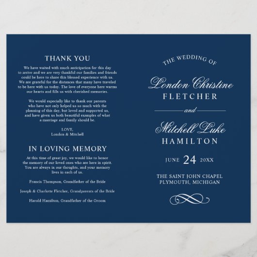 Classic Elegant Navy Blue Wedding Programs (Vorderseite)