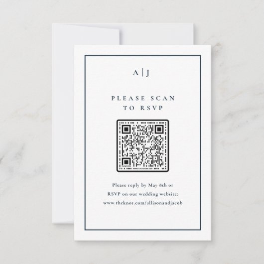 Classic Elegant Navy Blue Wedding QR Code RSVP Karte (Vorderseite)
