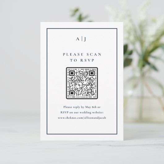 Classic Elegant Navy Blue Wedding QR Code RSVP Karte (Stehend Vorderseite)