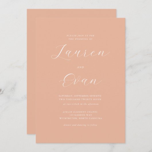 Classic Elegant Peach Romatic 1 Hochzeit Einladung (Vorne/Hinten)