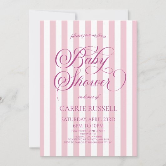 Classic Elegant Pink Stripes Girl Baby Shower Einladung (Vorderseite)