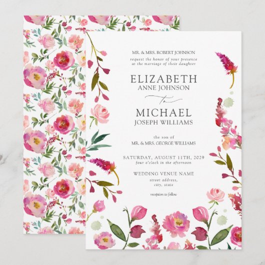 Classic Elegant Pink Watercolor Blume Hochzeit Einladung (Vorne/Hinten)