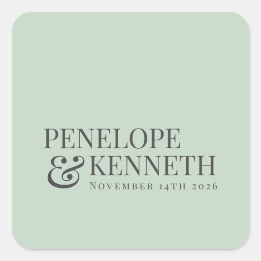 Classic Elegant Pistachio Custom Wedding Names Quadratischer Aufkleber (Vorderseite)