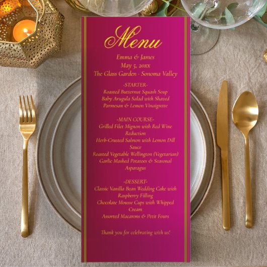 Classic & Elegant Red and Gold Wedding Menu Card Menükarte