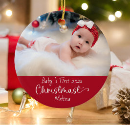Classic Elegant Red Baby's First Christmas Foto Keramik Ornament