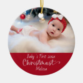Classic Elegant Red Baby's First Christmas Foto Keramik Ornament (Vorne)
