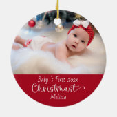 Classic Elegant Red Baby's First Christmas Foto Keramik Ornament (Hinten)