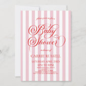 Classic Elegant Red Pink Stripes Girl Baby Shower Einladung (Vorderseite)
