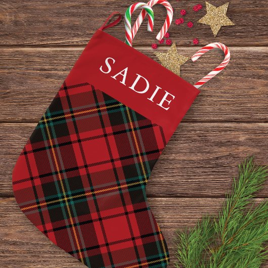 Classic Elegant Red Tartan Holiday mit Namen Großer Weihnachtsstrumpf