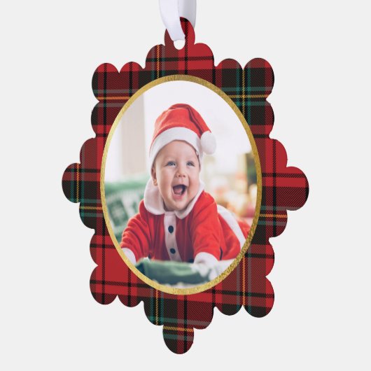 Classic Elegant Red Tartan Plaid Photo Christmas Ornament Karte (Linke Ecke)