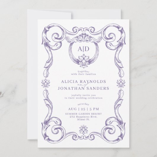Classic elegant rococo lavender monogram wedding einladung (Vorderseite)
